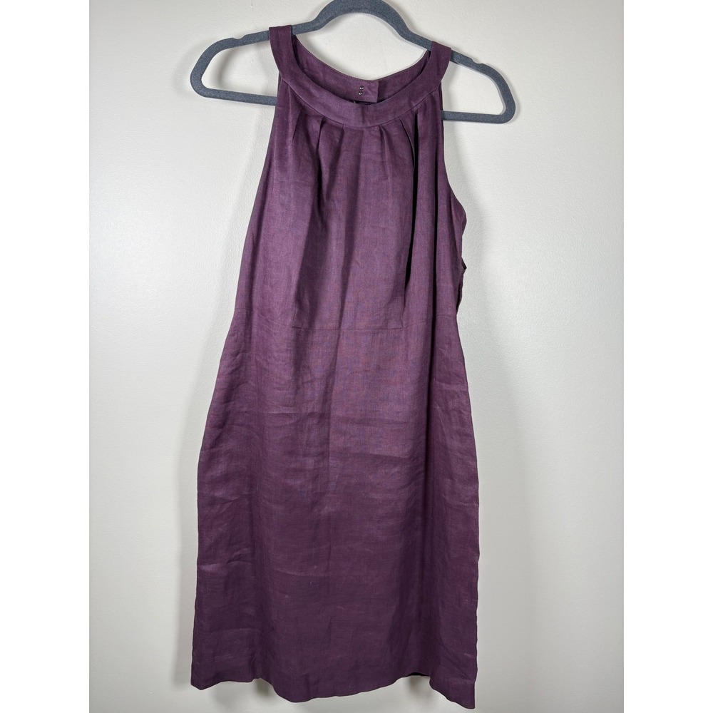 Ann Taylor LOFT Plum Purple 100% Linen Pleated Halter Neck Shift Dress Size 4 - Picture 7 of 15